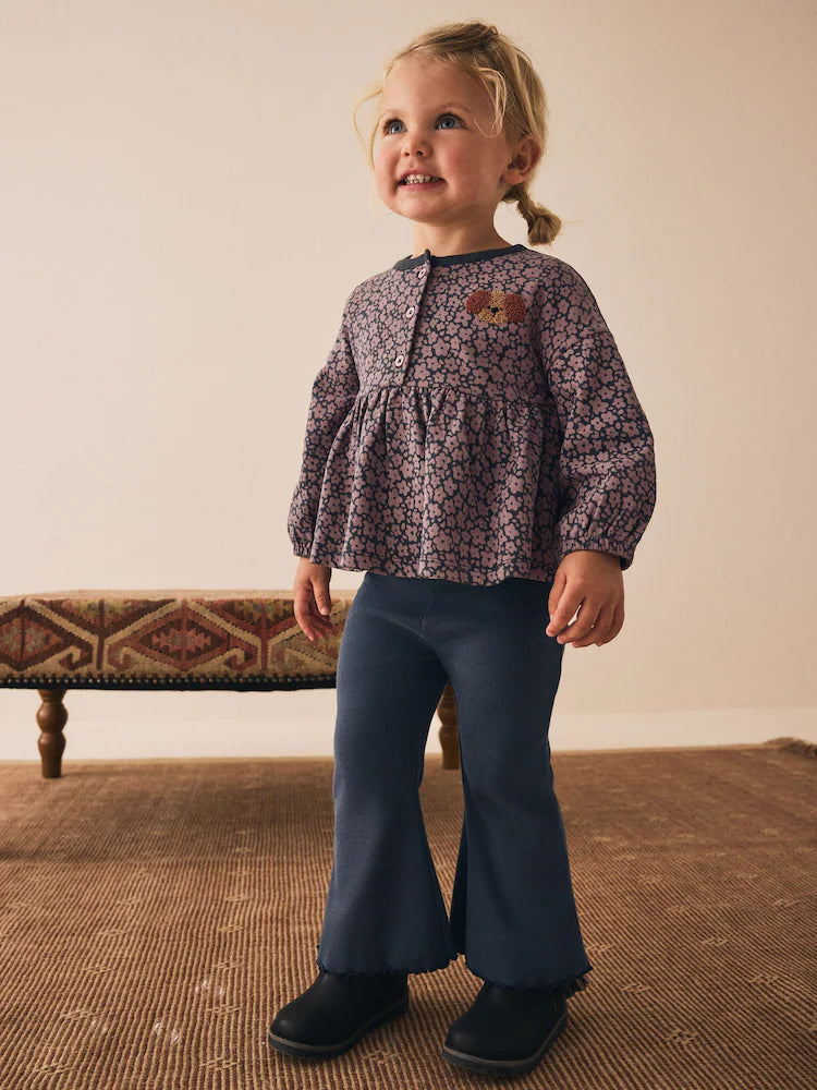 |Girl| Conjunto De Blusas De Manga Comprida Com Babado e Modelagem Flare, Estampa De Cachorro, Na Cor Cinza Carvão (3 meses a 7 anos)