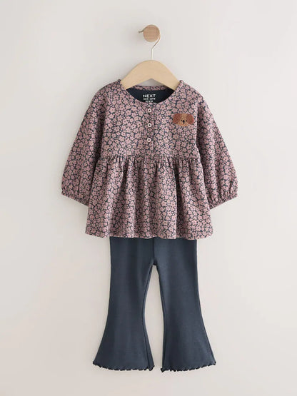 |Girl| Conjunto De Blusas De Manga Comprida Com Babado e Modelagem Flare, Estampa De Cachorro, Na Cor Cinza Carvão (3 meses a 7 anos)