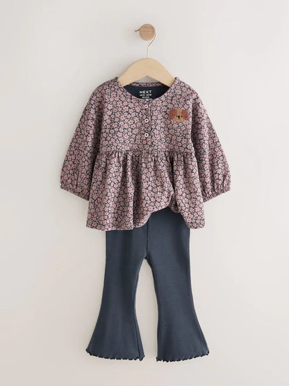 |Girl| Conjunto De Blusas De Manga Comprida Com Babado e Modelagem Flare, Estampa De Cachorro, Na Cor Cinza Carvão (3 meses a 7 anos)