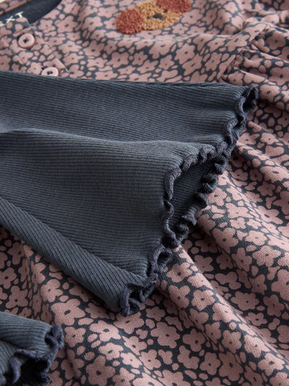 |Girl| Conjunto De Blusas De Manga Comprida Com Babado e Modelagem Flare, Estampa De Cachorro, Na Cor Cinza Carvão (3 meses a 7 anos)