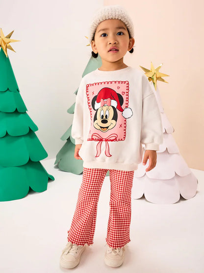 |Girl| Conjunto De Blusa e Calça Flare De Manga Comprida Minnie Mouse Cru/Vermelho (3 meses a 7 anos)