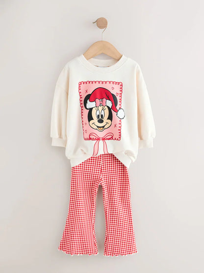 |Girl| Conjunto De Blusa e Calça Flare De Manga Comprida Minnie Mouse Cru/Vermelho (3 meses a 7 anos)