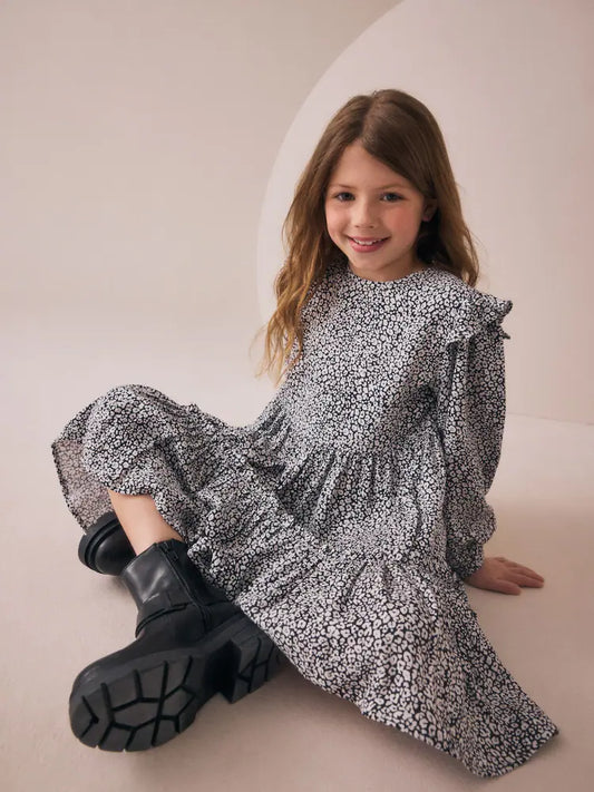 |BigGirl| Vestido Preto/Branco De Manga Comprida Com Babados (3-16 anos)