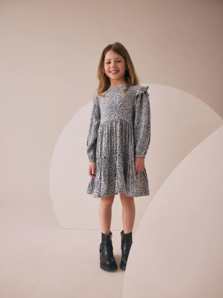 |BigGirl| Vestido Preto/Branco De Manga Comprida Com Babados (3-16 anos)