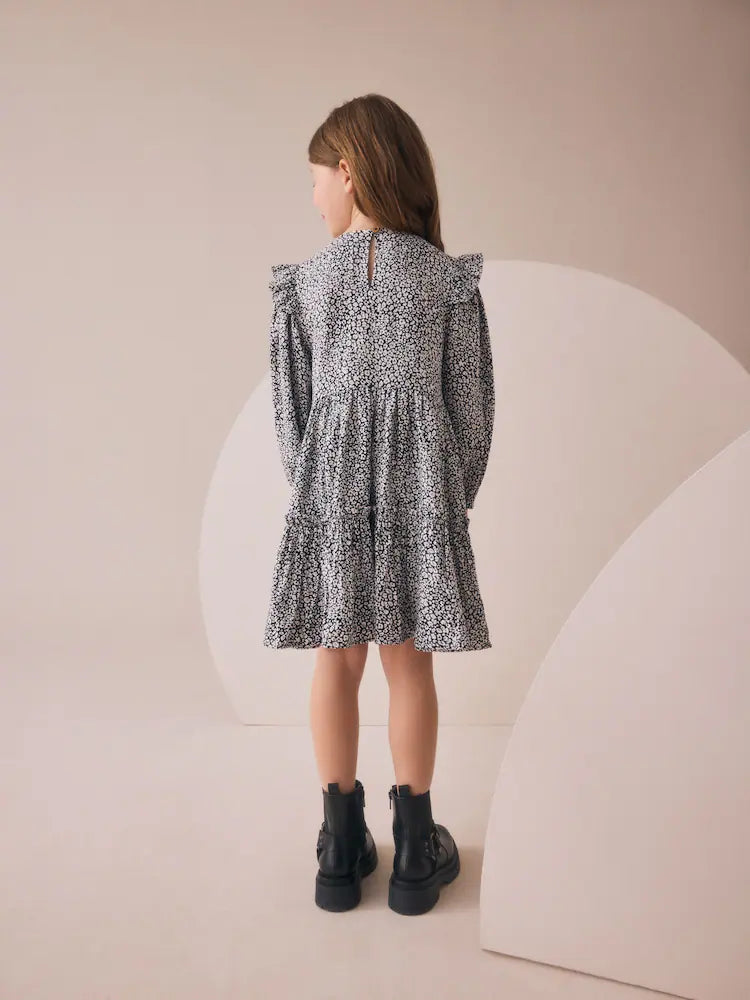 |BigGirl| Vestido Preto/Branco De Manga Comprida Com Babados (3-16 anos)