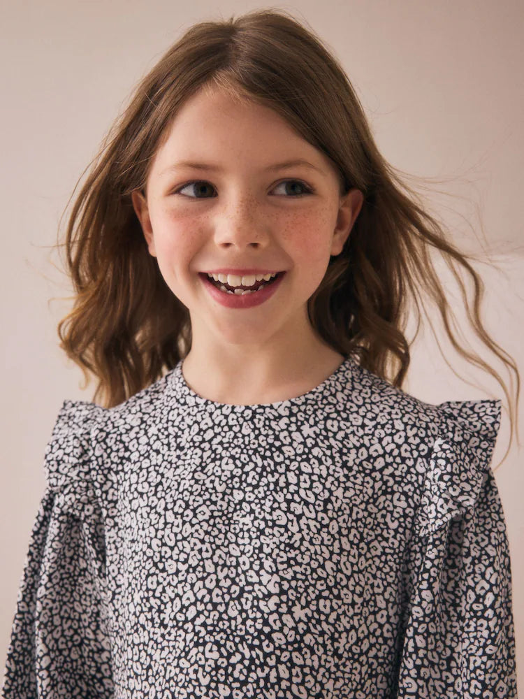 |BigGirl| Vestido Preto/Branco De Manga Comprida Com Babados (3-16 anos)