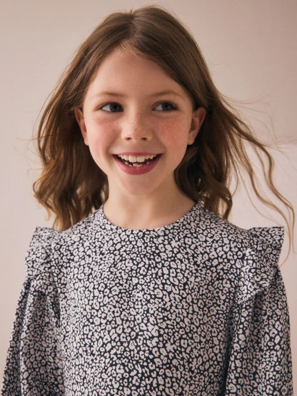 |BigGirl| Vestido Preto/Branco De Manga Comprida Com Babados (3-16 anos)