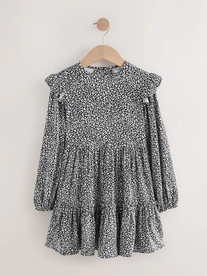 |BigGirl| Vestido Preto/Branco De Manga Comprida Com Babados (3-16 anos)