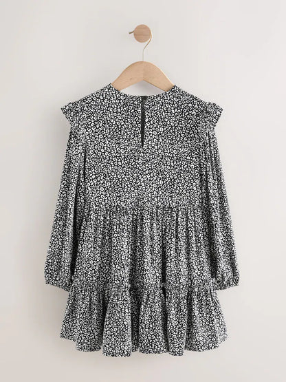 |BigGirl| Vestido Preto/Branco De Manga Comprida Com Babados (3-16 anos)