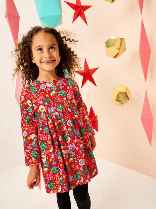 |BigGirl| Vestido De Malha De Manga Comprida Com Personagem De Natal Vermelho (3-16 anos)