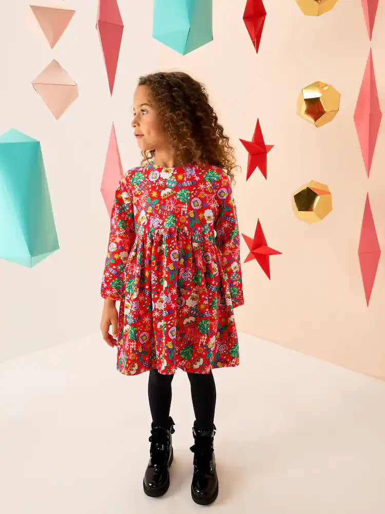 |BigGirl| Vestido De Malha De Manga Comprida Com Personagem De Natal Vermelho (3-16 anos)