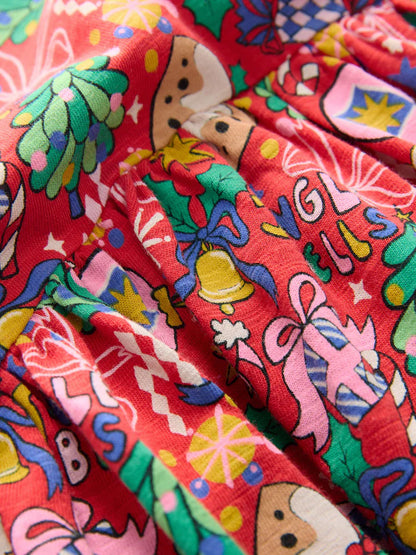 |BigGirl| Vestido De Malha De Manga Comprida Com Personagem De Natal Vermelho (3-16 anos)