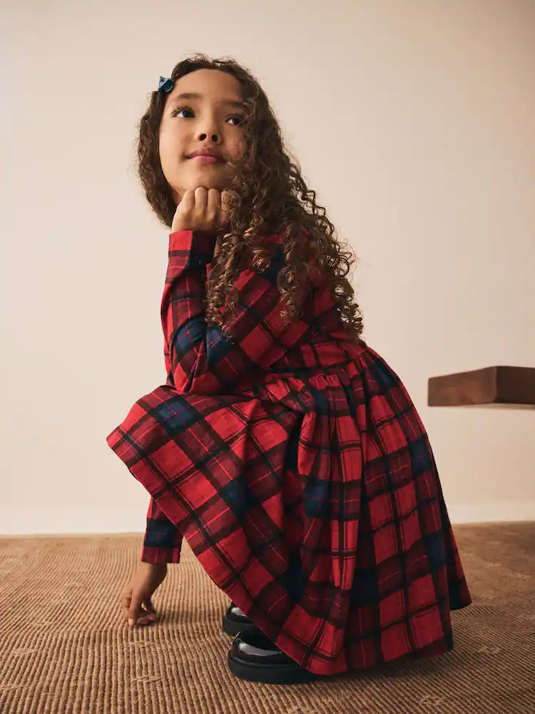 |BigGirl| Vestido De Malha Xadrez Vermelho/Azul Marinho Com Manga Comprida (3-16 anos)