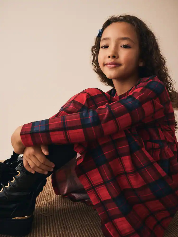 |BigGirl| Vestido De Malha Xadrez Vermelho/Azul Marinho Com Manga Comprida (3-16 anos)