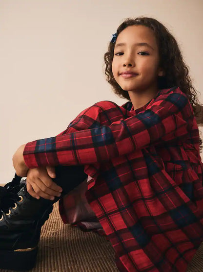 |BigGirl| Vestido De Malha Xadrez Vermelho/Azul Marinho Com Manga Comprida (3-16 anos)