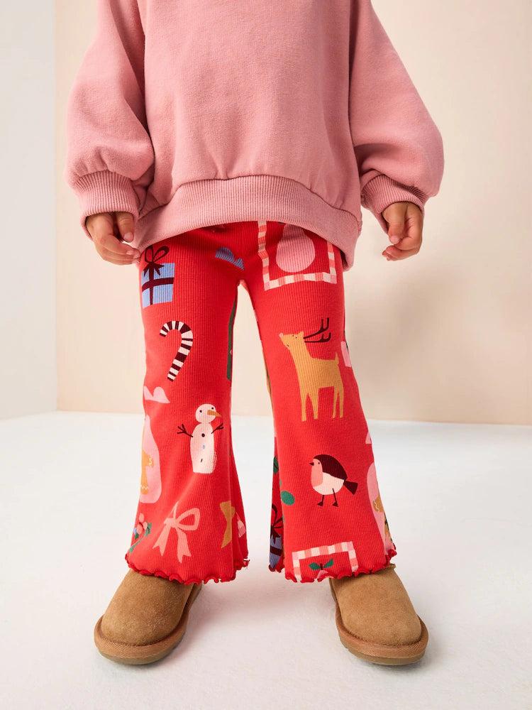 |Girl| Leggings Flare Vermelhas Com Canelado Papai Noel (3 meses a 7 anos)