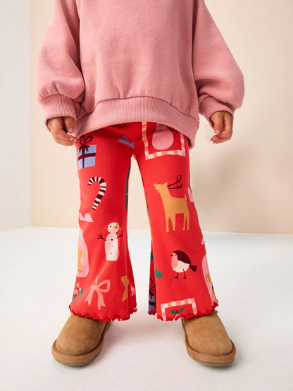|Girl| Leggings Flare Vermelhas Com Canelado Papai Noel (3 meses a 7 anos)