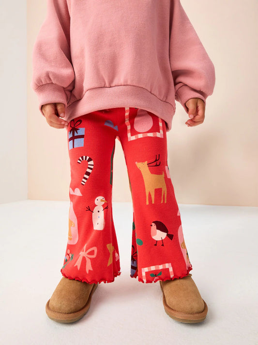 |Girl| Leggings Flare Vermelhas Com Canelado Papai Noel (3 meses a 7 anos)