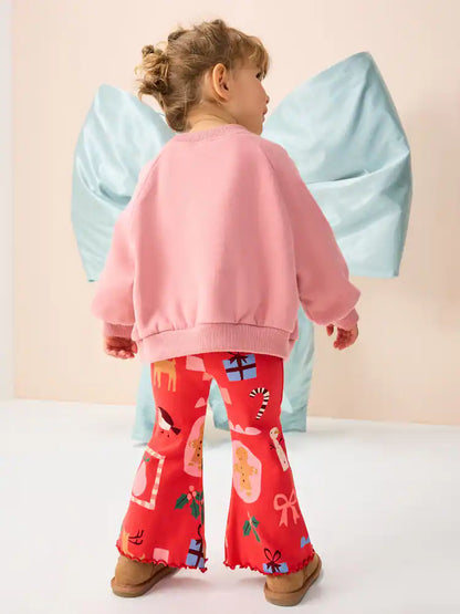 |Girl| Leggings Flare Vermelhas Com Canelado Papai Noel (3 meses a 7 anos)