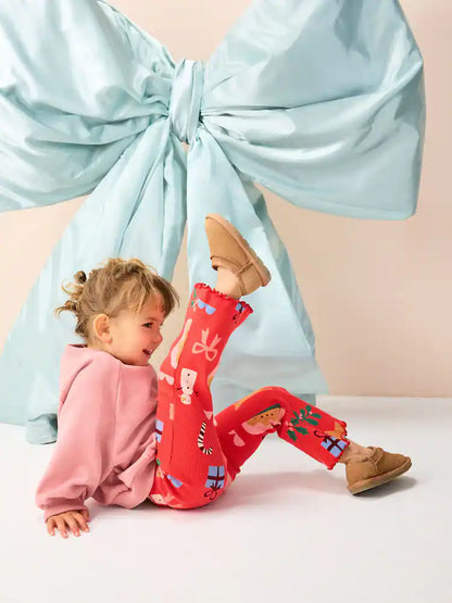 |Girl| Leggings Flare Vermelhas Com Canelado Papai Noel (3 meses a 7 anos)