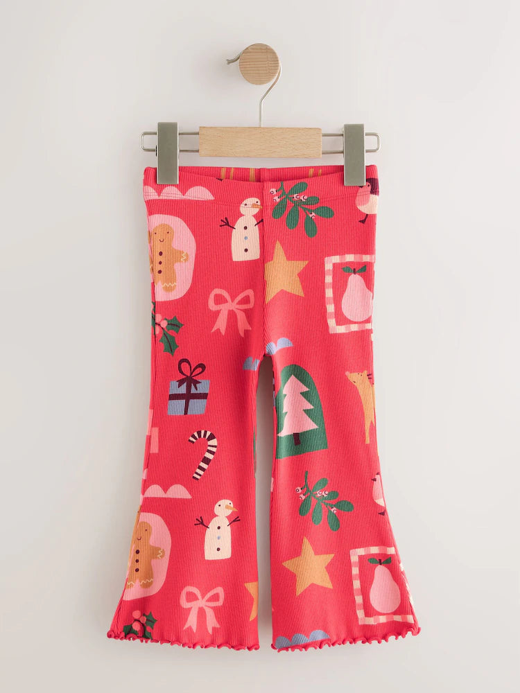 |Girl| Leggings Flare Vermelhas Com Canelado Papai Noel (3 meses a 7 anos)