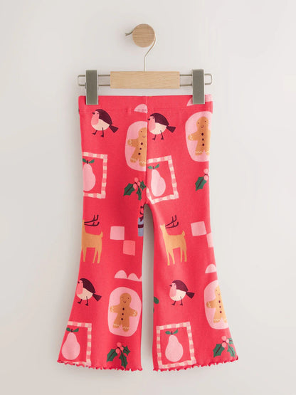 |Girl| Leggings Flare Vermelhas Com Canelado Papai Noel (3 meses a 7 anos)