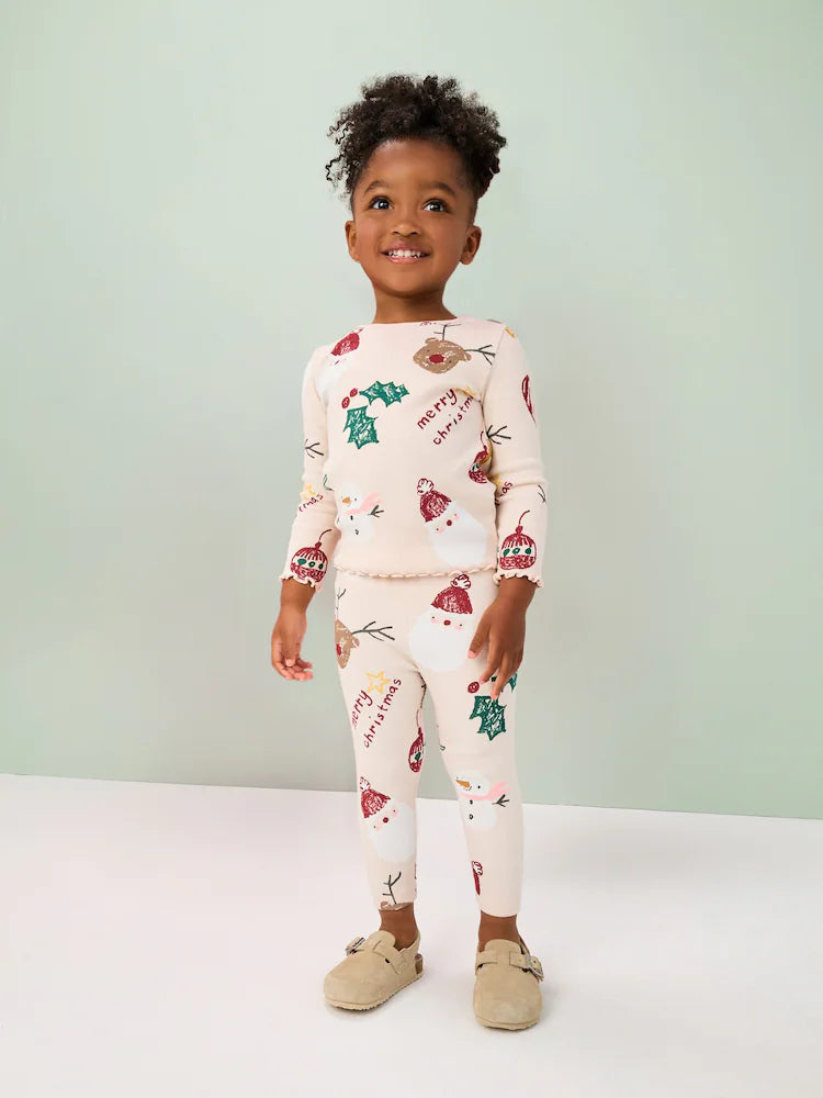 |Girl| Leggings Caneladas De Natal Neutras (3 meses a 7 anos)