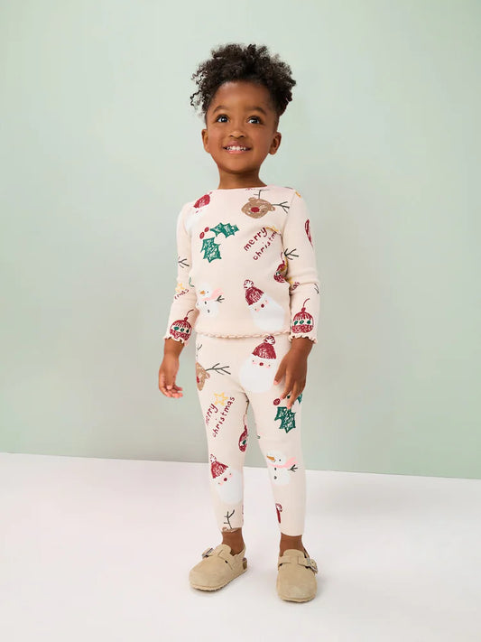 |Girl| Leggings Caneladas De Natal Neutras (3 meses a 7 anos)