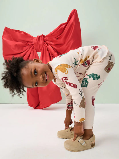 |Girl| Leggings Caneladas De Natal Neutras (3 meses a 7 anos)