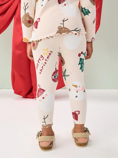 |Girl| Leggings Caneladas De Natal Neutras (3 meses a 7 anos)
