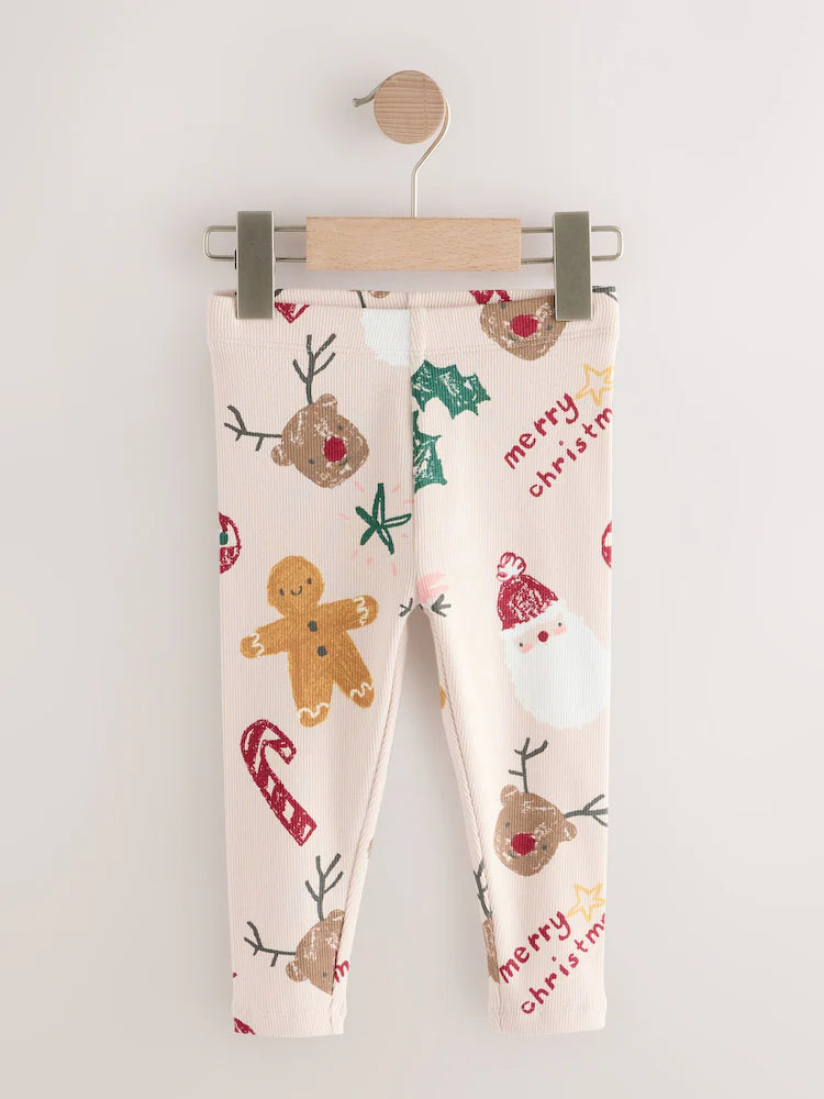 |Girl| Leggings Caneladas De Natal Neutras (3 meses a 7 anos)