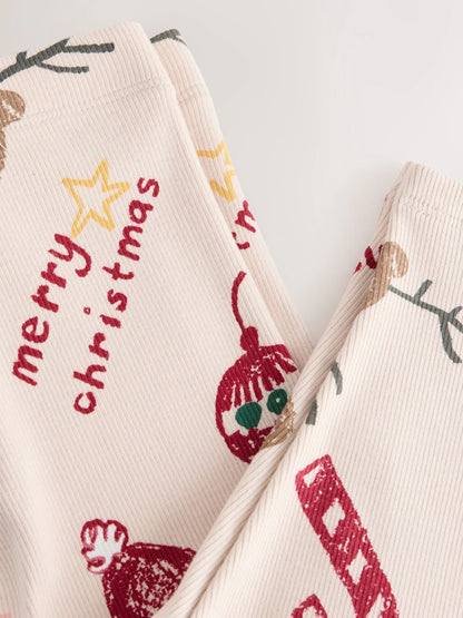 |Girl| Leggings Caneladas De Natal Neutras (3 meses a 7 anos)