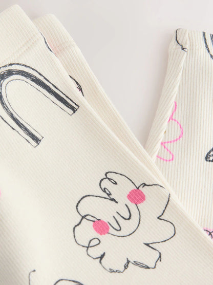 |Girl| Leggings Caneladas Com Rabiscos Brancos Crus (3 meses a 7 anos)