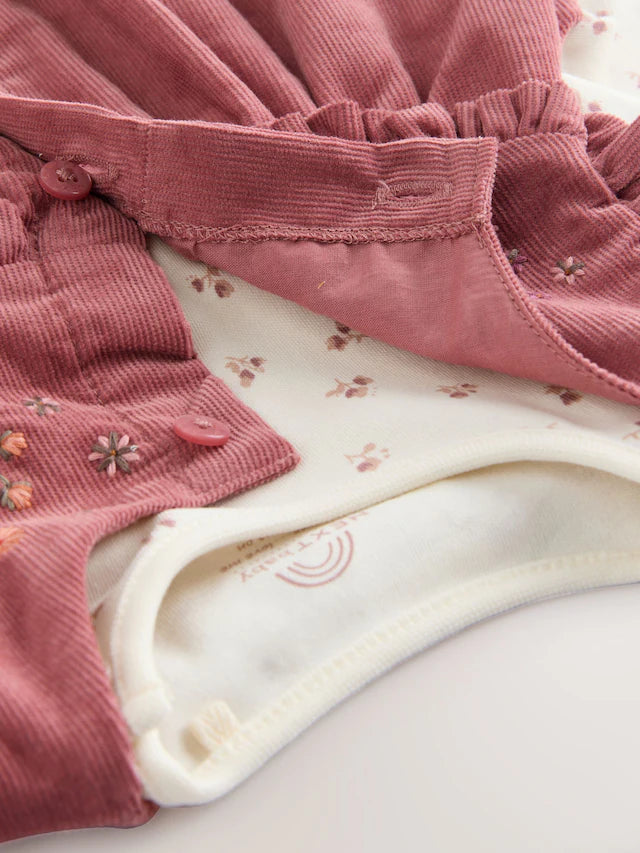 |BabyGirl| Conjunto De Body e Meia-Calça De Manga Comprida Com Avental De Cordão Bordado rosa para bebê (0 meses a 2 anos)