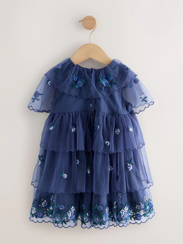 |Girl| Vestido De Malha Azul Com Detalhes Em Camadas (3 meses a 7 anos)