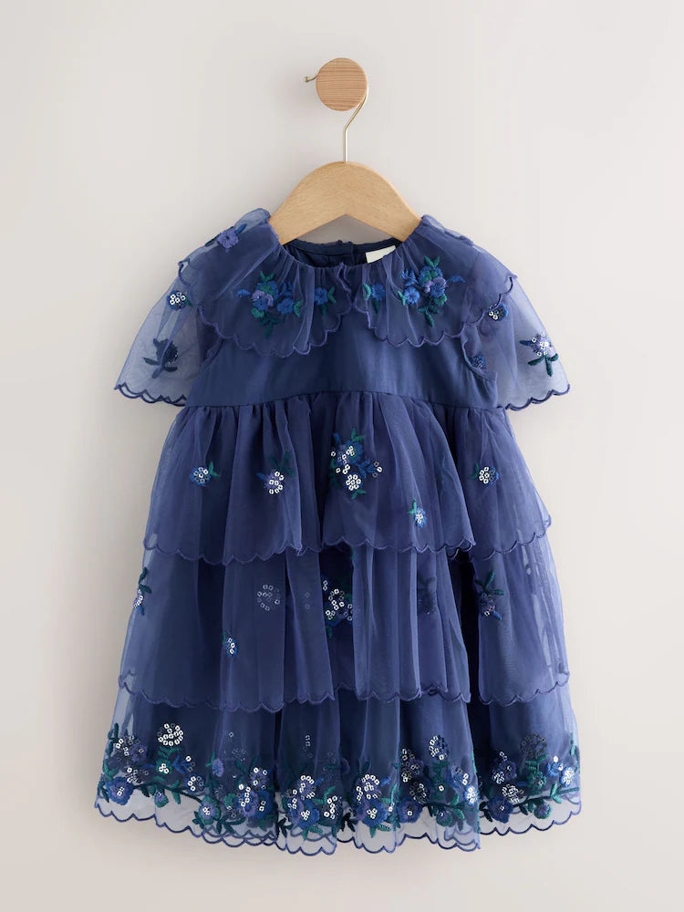 |Girl| Vestido De Malha Azul Com Detalhes Em Camadas (3 meses a 7 anos)