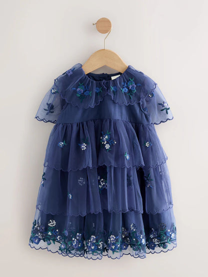 |Girl| Vestido De Malha Azul Com Detalhes Em Camadas (3 meses a 7 anos)