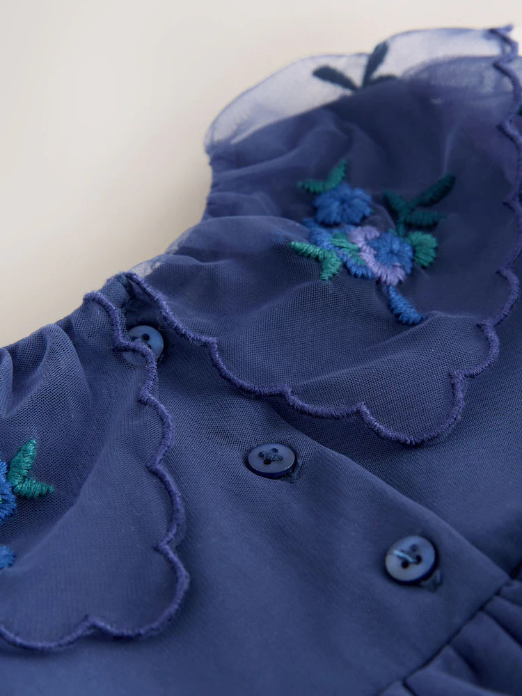 |Girl| Vestido De Malha Azul Com Detalhes Em Camadas (3 meses a 7 anos)