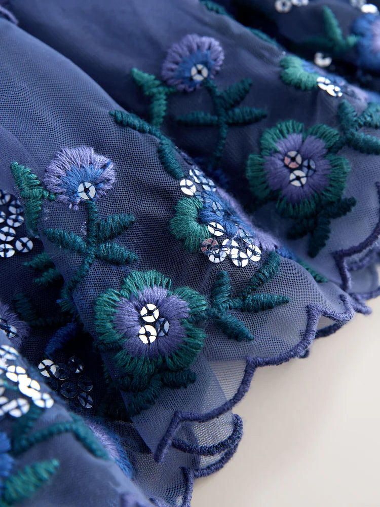 |Girl| Vestido De Malha Azul Com Detalhes Em Camadas (3 meses a 7 anos)