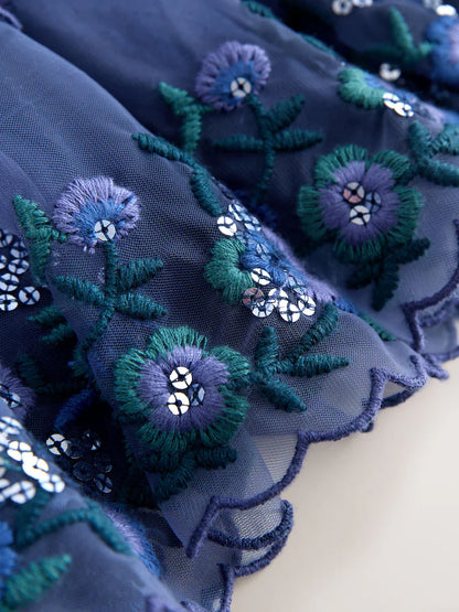 |Girl| Vestido De Malha Azul Com Detalhes Em Camadas (3 meses a 7 anos)