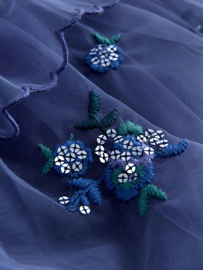 |Girl| Vestido De Malha Azul Com Detalhes Em Camadas (3 meses a 7 anos)