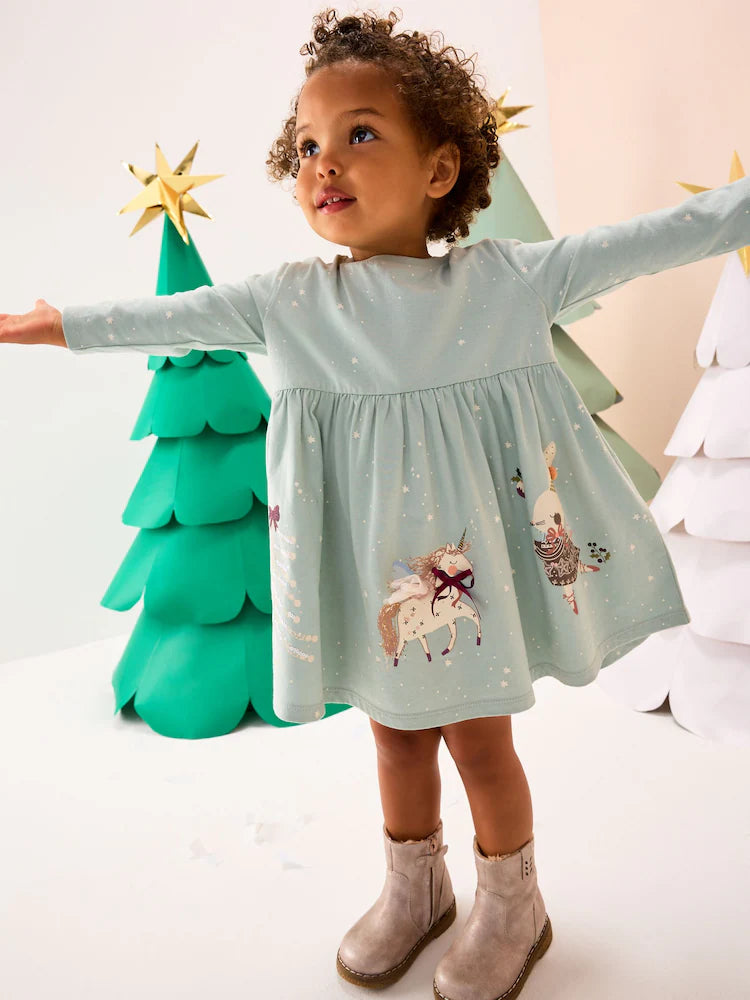 |Girl| Vestido Azul De Manga Comprida Com Personagem De Natal (3 meses a 7 anos)