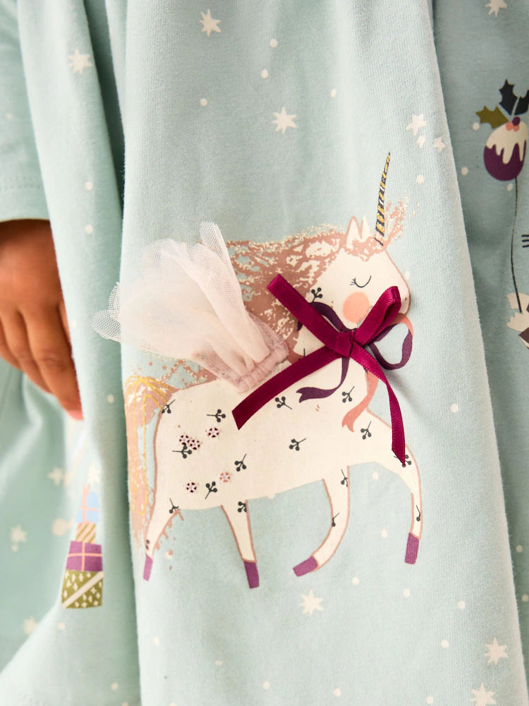 |Girl| Vestido Azul De Manga Comprida Com Personagem De Natal (3 meses a 7 anos)