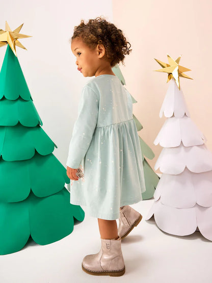 |Girl| Vestido Azul De Manga Comprida Com Personagem De Natal (3 meses a 7 anos)