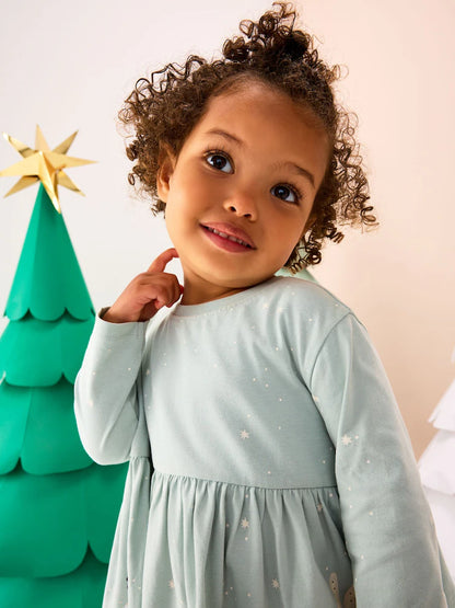 |Girl| Vestido Azul De Manga Comprida Com Personagem De Natal (3 meses a 7 anos)