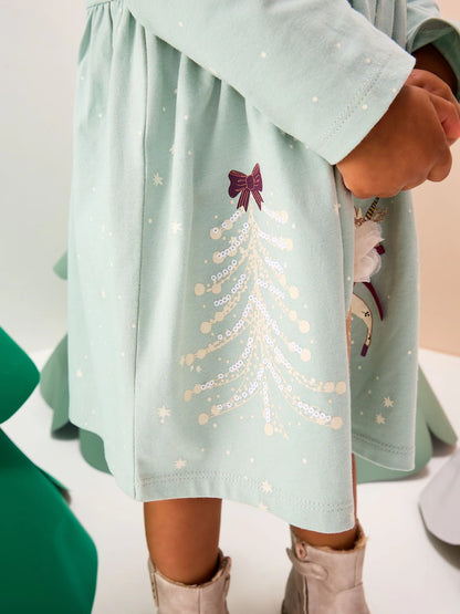 |Girl| Vestido Azul De Manga Comprida Com Personagem De Natal (3 meses a 7 anos)