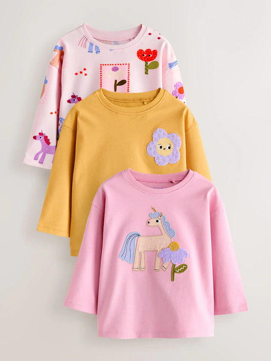 |Girl| Blusas De Manga Comprida Com Personagem Unicórnio, Pacote Com 3 (3 meses a 7 anos)