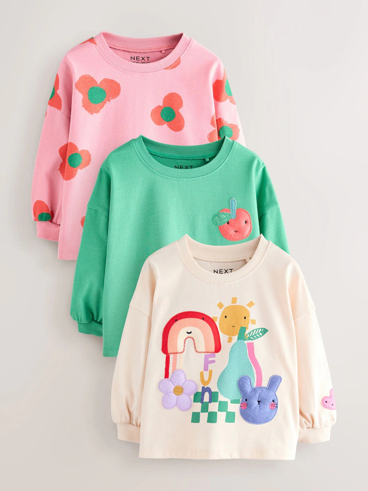 |Girl| Blusas De Manga Comprida Com Personagens Do Arco-íris, Pacote Com 3 (3 meses a 7 anos)