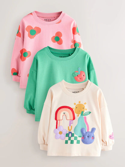 |Girl| Blusas De Manga Comprida Com Personagens Do Arco-íris, Pacote Com 3 (3 meses a 7 anos)