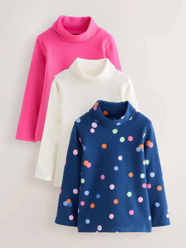 |Girl| Blusas De Gola Alta Rosa/Branca/Azul, Pacote Com 3 (3 meses a 7 anos)